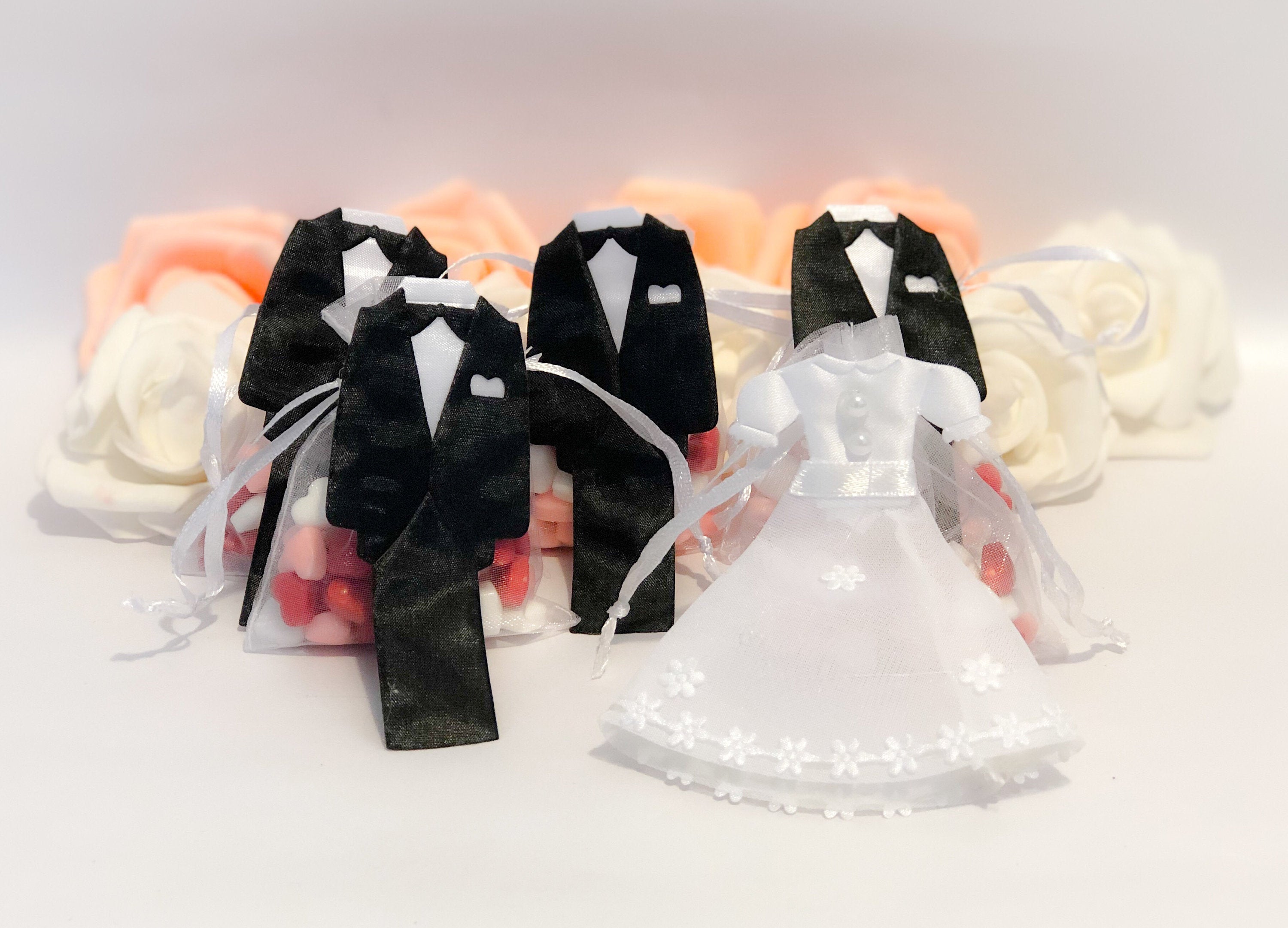 Small Bride and Groom White Organza Bags, Wedding Favors