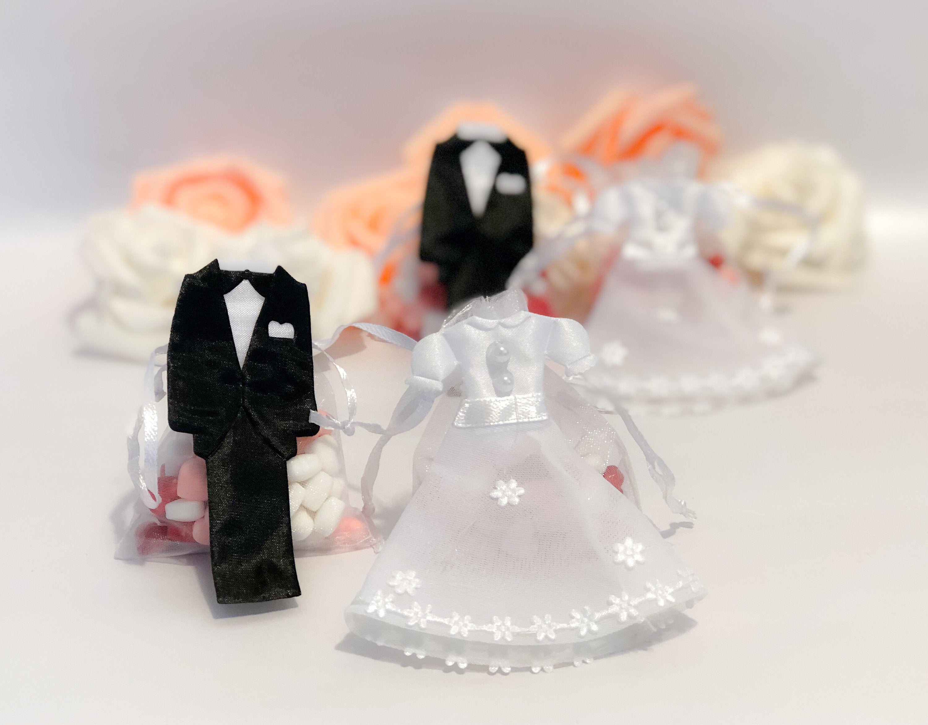 Small Bride and Groom White Organza Bags, Wedding Favors