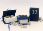 Load image into Gallery viewer, Small Blue Boxes with the Number 13 in Silver for Bar Mitzvah
